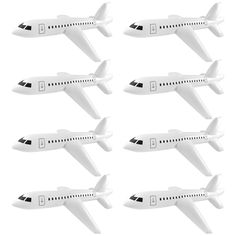 six white model airplanes are shown in this image