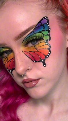 #creativemakeup #editorialmakeup #makeup #makeupinspiration #makeupideas #butterflymakeup #colorfulmakeup #rainbowmakeup #theartistedit #pridemakeup #makeupvideos #makeuptutorial Easy Halloween Face Makeup For Kids, Butterfly Makeup For Halloween, Full Face Butterfly Makeup, Colorful Halloween Makeup Looks, Butterfly Eye Face Paint, Butterfly Face Makeup Halloween, Butterfly Halloween Costume Makeup, Cool Makeup For Halloween, Crazy Make Up Ideas