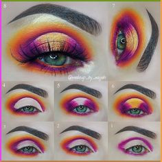 Eye makeup - Halo eye look tutorial  #makeuplooks #makeup #eyemakeup #makeuptutorial #tutorialmakeup Profusion Kaleidoscope Palette Looks, Analogous Color Scheme Makeup, Creative Eye Makeup Step By Step, Colorful Halo Eye Makeup, Bright Colorful Eye Makeup Step By Step, Bold Eyeshadow Tutorial, Sunset Eyeshadow Looks Step By Step, Halo Eye Makeup Step By Step, Halo Makeup Looks