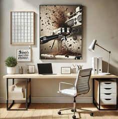 a desk with a chair, lamp and pictures on the wall above it in an office