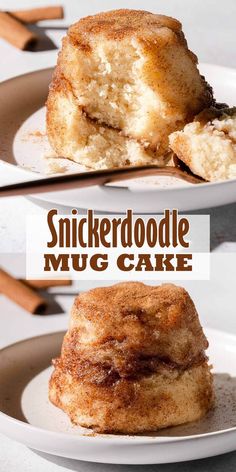 two plates with cinnamon bundt cakes on them and the words, snickkerdoodle mug cake