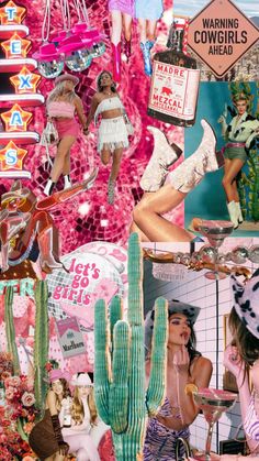 a collage of photos with various women in costumes and cactuses, including a sign that says warning cocktails ahead