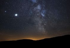 the night sky is filled with stars, and there are two planets in the distance