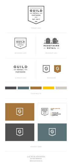 the logo design for an interior and furniture store is shown in white, brown, yellow and