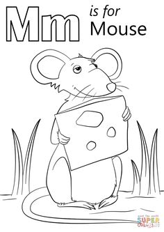 a mouse holding a piece of cheese with the words mmmm for mouse on it