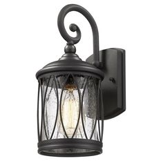 an outdoor wall light with a glass shade on the front and side panels, in black finish