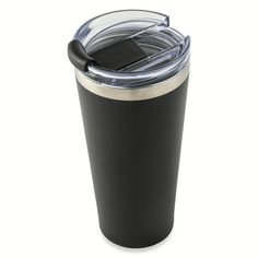 the tumbler cup is black and has a metal lid with a silver trim on it