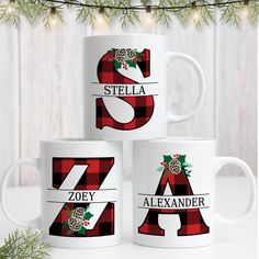 three personalized coffee mugs with christmas designs