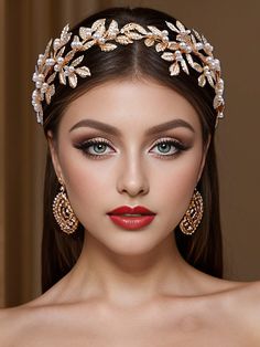 a beautiful woman wearing a tiara with pearls and jewels on it's head