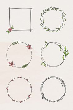 four hand drawn frames with flowers and leaves on the top one has a blank space in the middle