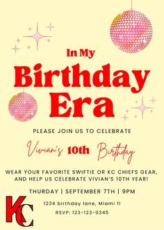 a birthday party flyer with an image of disco ball and stars on the back, in red