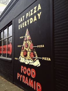 a sign on the side of a building that says, eat pizza everyday food pyramid