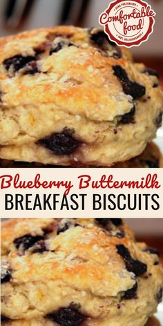 two blueberry buttermilk breakfast biscuits stacked on top of each other with text overlay