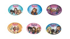 the barbie movie button set is shown in four different colors