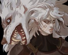 an image of two people with white hair and wolf's head in front of them