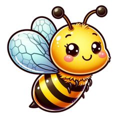 a cartoon bee with big eyes and a smile on it's face, flying through the air