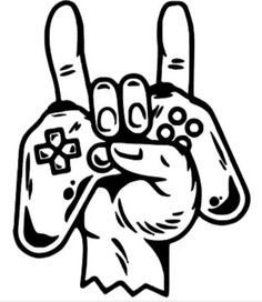 a black and white drawing of a hand holding a video game controller in it's palm