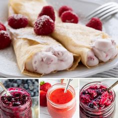 four different pictures with raspberries and crepes in them on the same plate