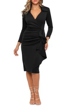 A spread collar tops this pretty ruffled dress in a faux-wrap silhouette made of smooth scuba-knit crepe. 42" length (size 8) Surplice V-neck Three-quarter sleeves Lined, except sleeves 95% polyester, 5% spandex Dry clean Made in the USA Scuba Knit, Ruffled Dress, Wrap Midi Dress, Collar Top, Black Midi Dress, Nordstrom Dresses, Three Quarter Sleeves, Quarter Sleeve, Three Quarter