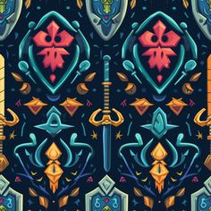 an image of a colorful pattern with different shapes and colors on the background, including two swords