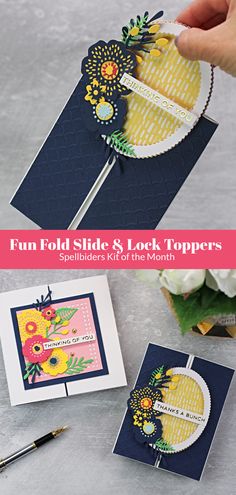 a handmade card with the words fun fold slide and lock toppers