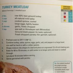 a close up of a menu for turkey meatloaf