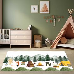 a child's room with a teepee tent, dresser and crib