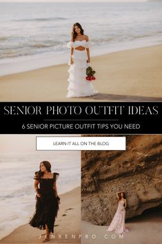 two women in dresses standing on the beach with text overlay that reads, senior photo outfit ideas 6 senior picture outfits you need learn it all on the blog