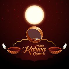 happy karwa chauth greeting card with golden ring and moon on dark background