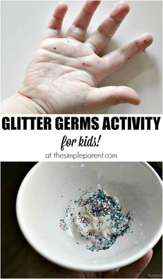 a person holding their hand over a bowl with sprinkles on it and the words glitter germs activity for kids