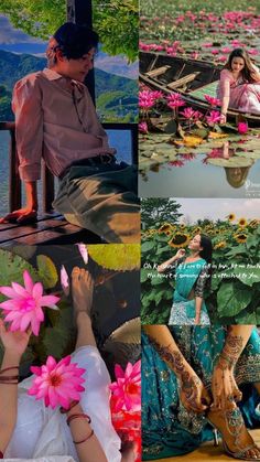 two people sitting on a bench in front of water and flowers, one woman with her feet up to the ground