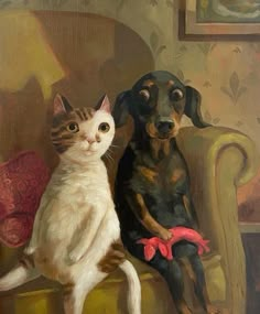 a painting of a dog and a cat sitting on a chair next to each other