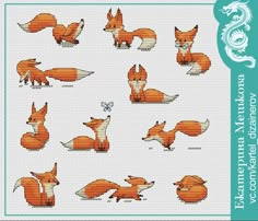 a cross stitch pattern with different types of foxes