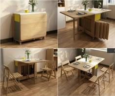 four different views of a table and chairs in various stages of being used as dining room furniture