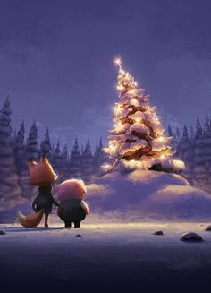 two cartoon characters are standing in front of a christmas tree with lights on the top