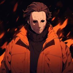 a man in an orange jacket and black hoodie standing in front of a fire