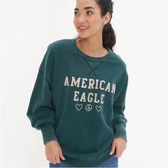 New American Eagle Sweatshirt Oversized New Without Tags Pit To Pit 25” Vintage Style Oversized Sweatshirt, Vintage Tops For College, American Eagle Sweatshirt, Ribbed Hoodie, Flannel Hoodie, American Eagle Hoodie, Green Crewneck, Sweatshirt Oversized, Oversized Turtleneck