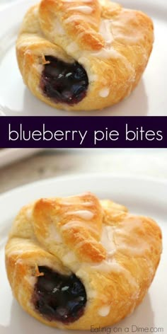 blueberry pie bites on a white plate with text overlay that says blueberry pie bites