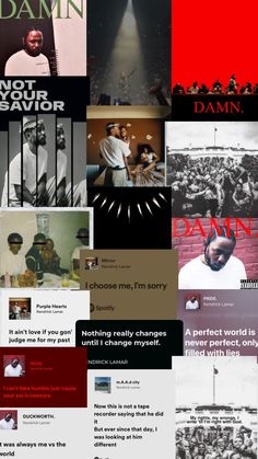 a collage of images with the words damn on them in red, black and white