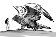 a drawing of a woman standing next to a bird with its wings spread out and it's eyes open