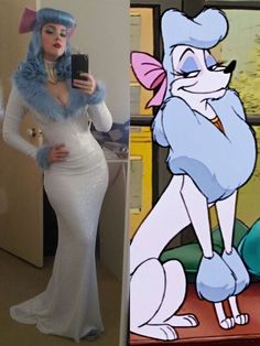 a woman in a white dress is taking a selfie with her cell phone and an image of herself as a cartoon character