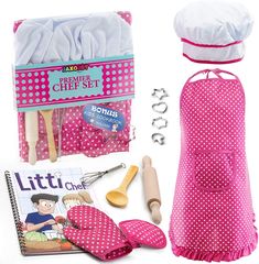 the pretend chef set is pink and white with polka dots