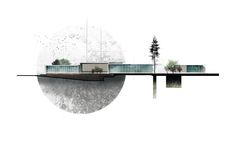 an image of a building with trees on the roof and water in front of it