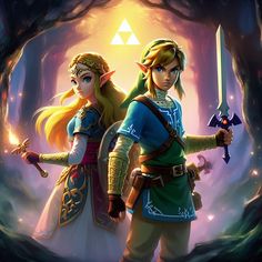 the legend of zelda and princess zelda are standing in front of a forest