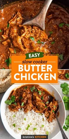 easy slow cooker butter chicken recipe in a bowl with rice and cilantro