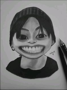 a pencil drawing of a smiling woman with braces on her teeth and nose piercings