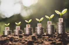 coins stacked on top of each other with small plants growing out of the letters that spell future