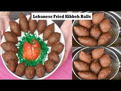 three pictures show different types of fried kibbes on plates and in serving bowls