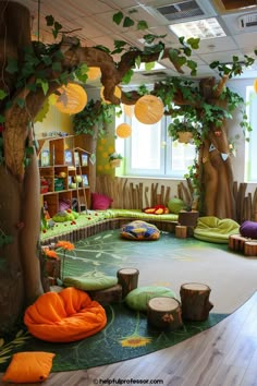 the children's play area is decorated in green and orange colors, with lots of tree stumps