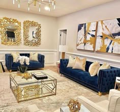 (paid link) Living room- white wooden coffee table near white sofa. Living Room Decor Ideas Blue Couch, Blue Gray Gold Living Room, Blue And Gold Living Room Ideas, Navy Blue And Gold Living Room, Royal Blue And Gold Living Room, Gold Blue Living Room, Royal Blue Living Room Decor, Blue And Gold Home Decor, Royal Blue Living Room